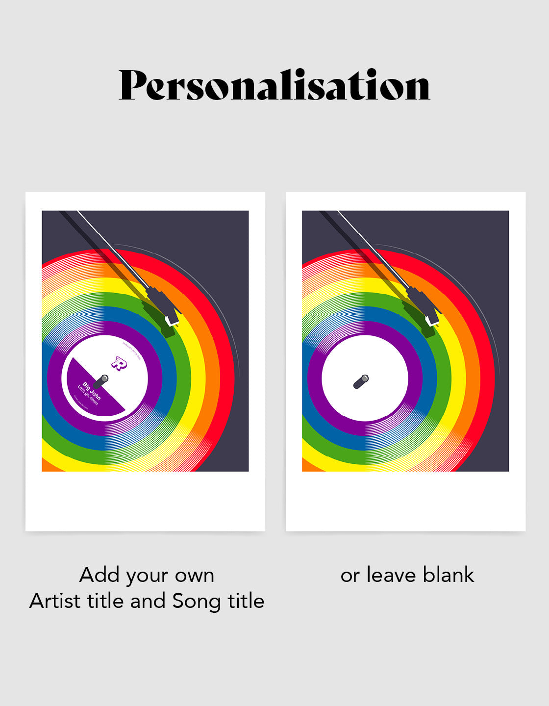 A colorful Rainbow vinyl record featuring a customizable label for artist name and song title.