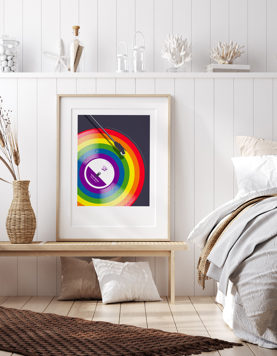 A colorful Rainbow vinyl record featuring a customizable label for artist name and song title.