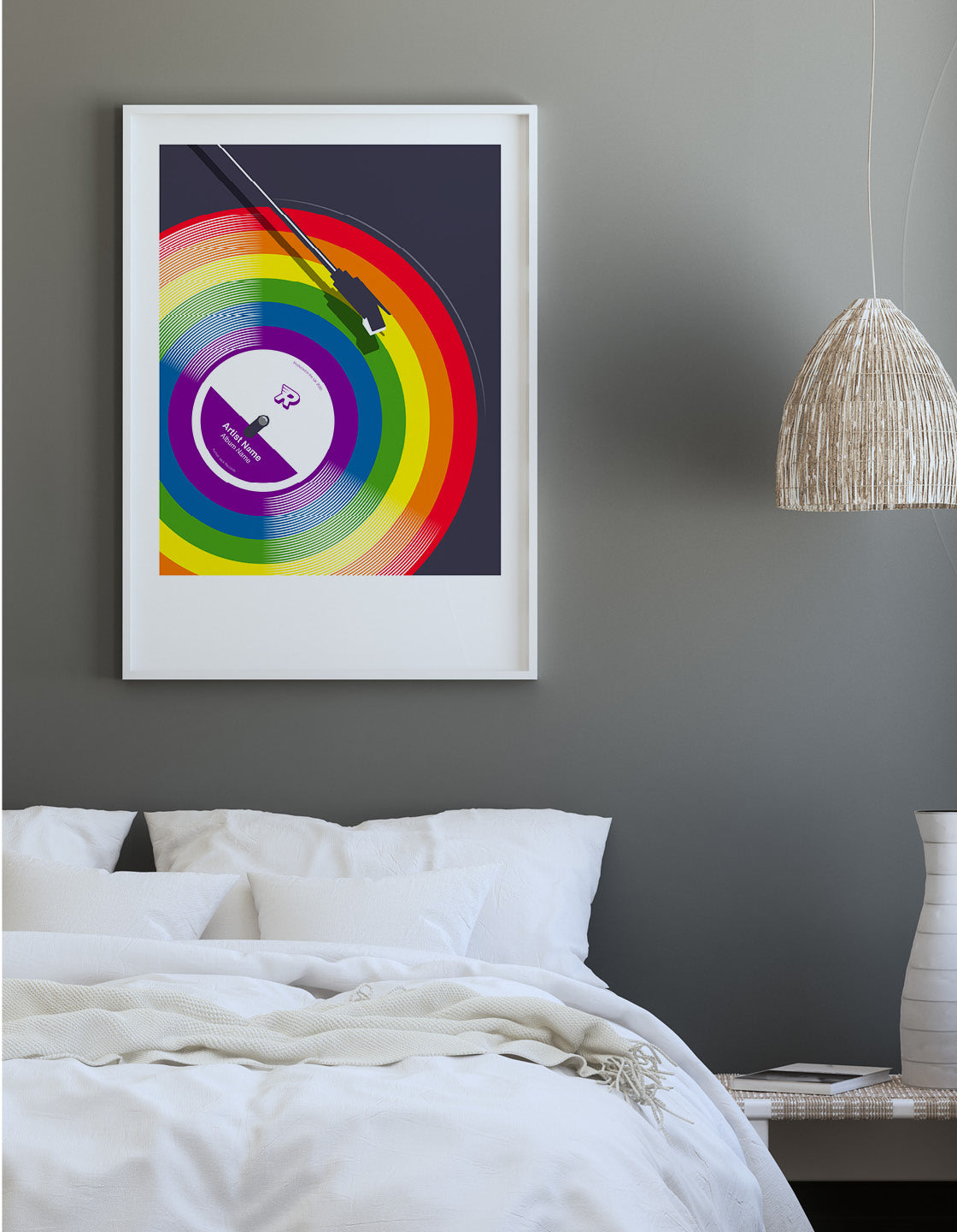 A colorful Rainbow vinyl record featuring a customizable label for artist name and song title.