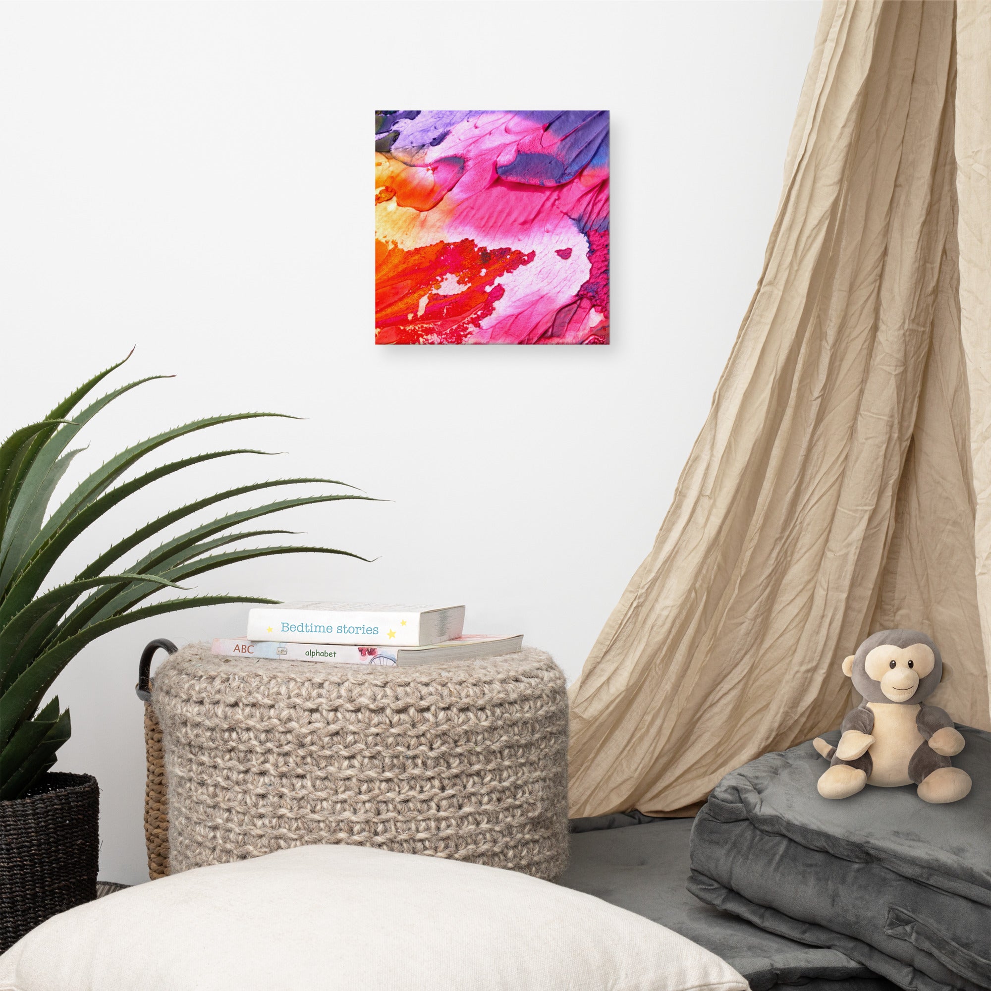 Vibrant Rainbow Waves Canvas print showcasing colorful waves on a poly-cotton base, hand-stretched over solid wood bars.