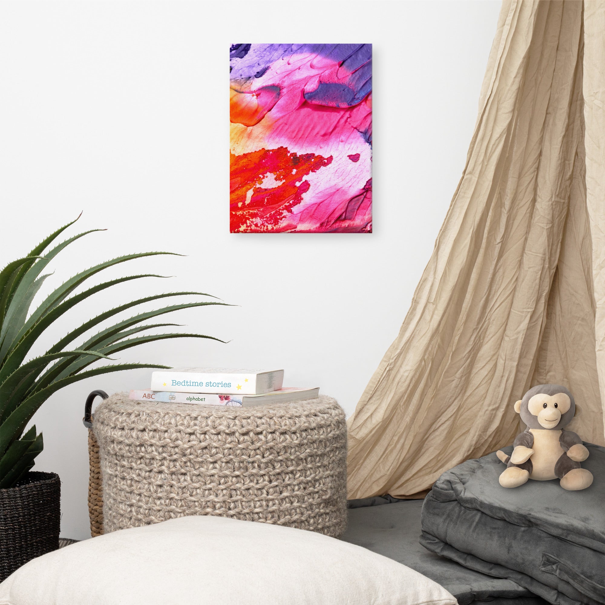 Vibrant Rainbow Waves Canvas print showcasing colorful waves on a poly-cotton base, hand-stretched over solid wood bars.