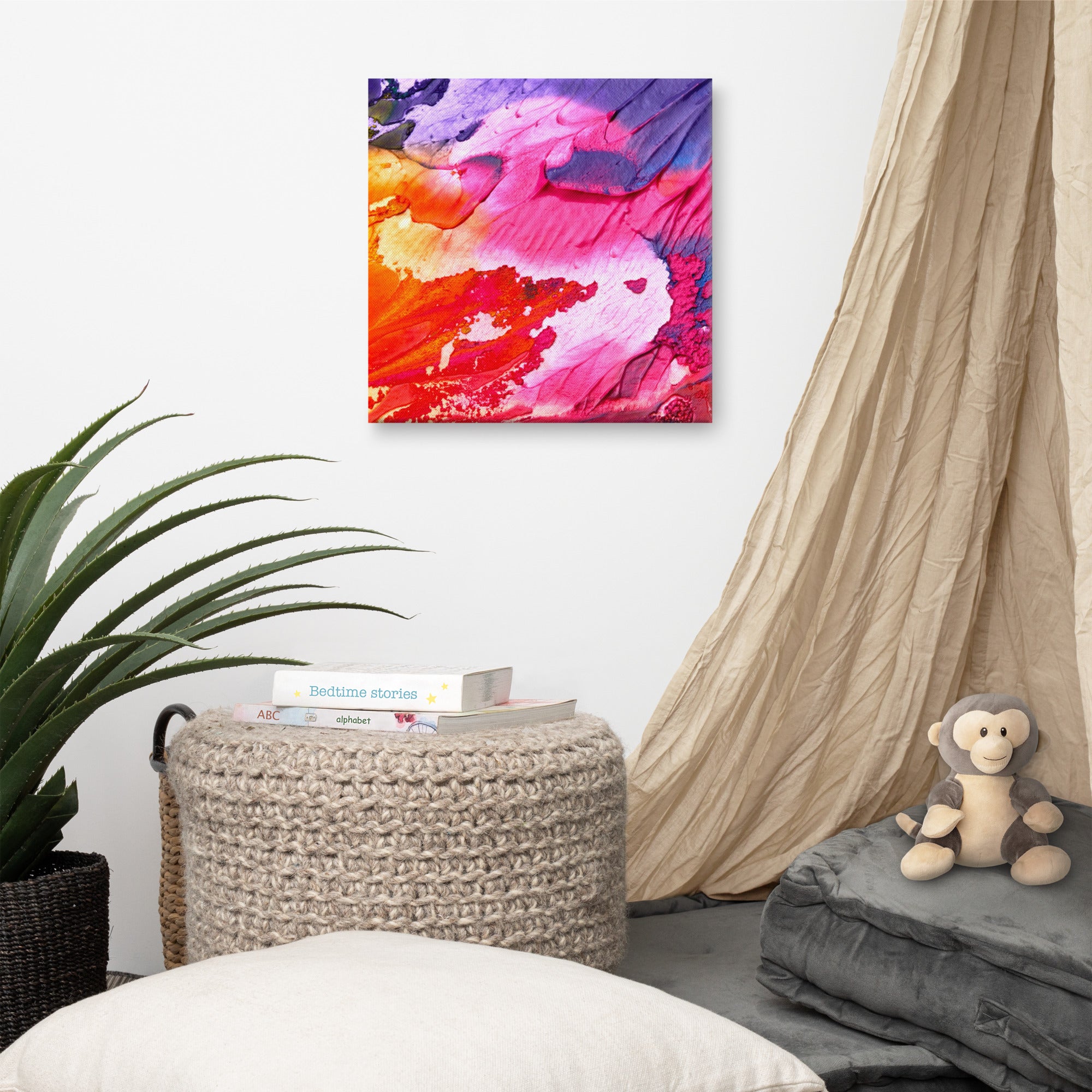 Vibrant Rainbow Waves Canvas print showcasing colorful waves on a poly-cotton base, hand-stretched over solid wood bars.