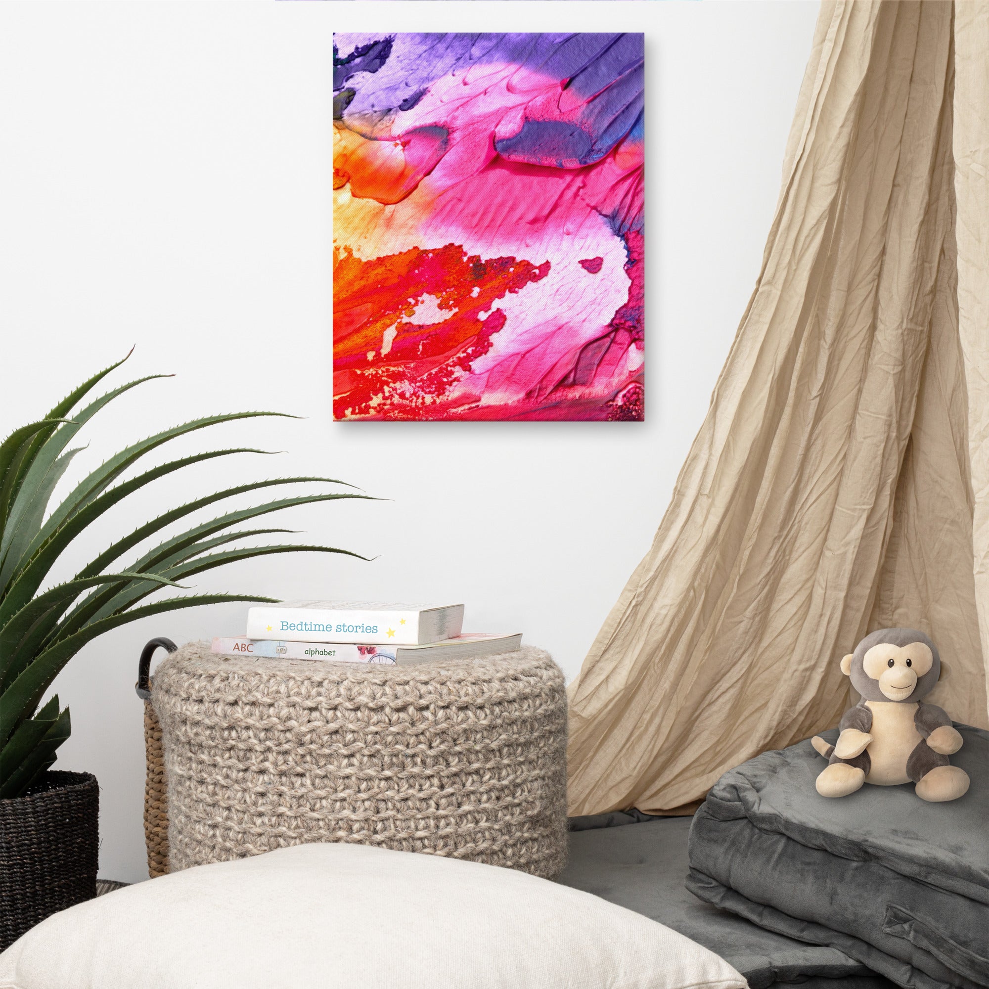 Vibrant Rainbow Waves Canvas print showcasing colorful waves on a poly-cotton base, hand-stretched over solid wood bars.