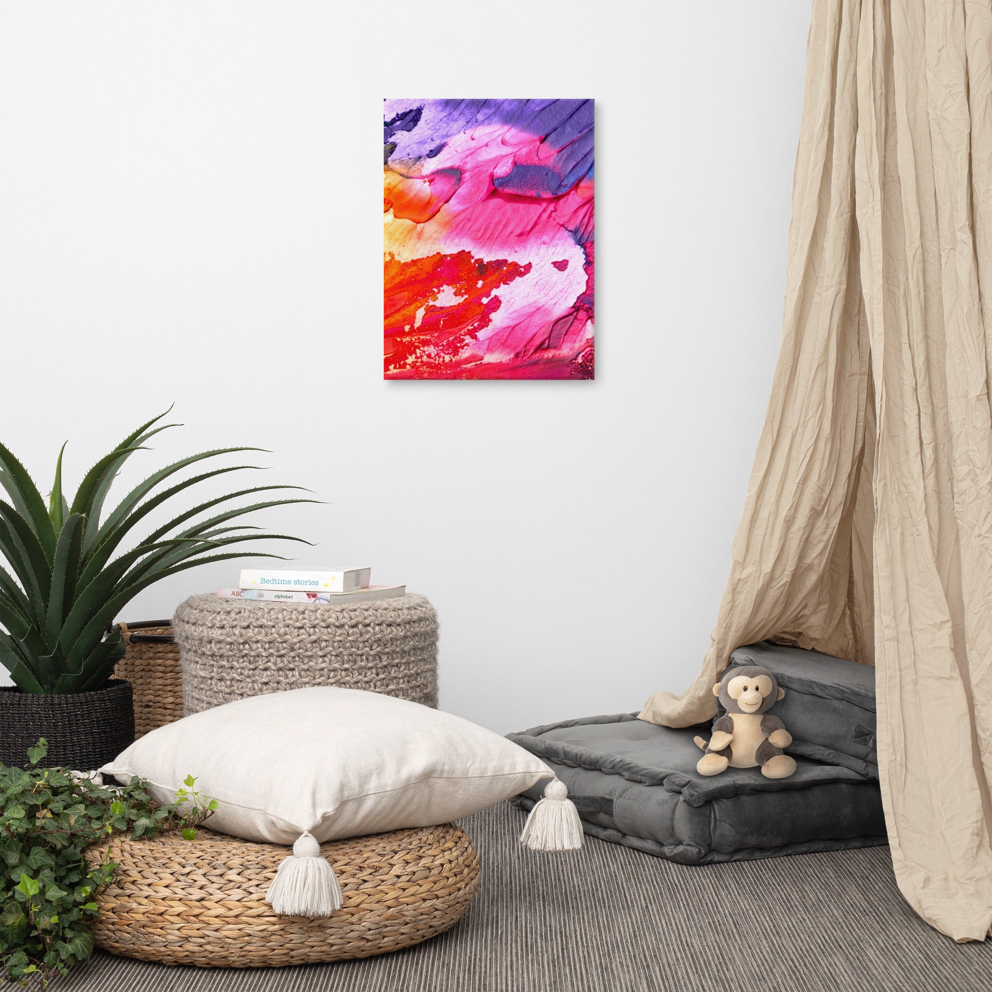 Vibrant Rainbow Waves Canvas print showcasing colorful waves on a poly-cotton base, hand-stretched over solid wood bars.