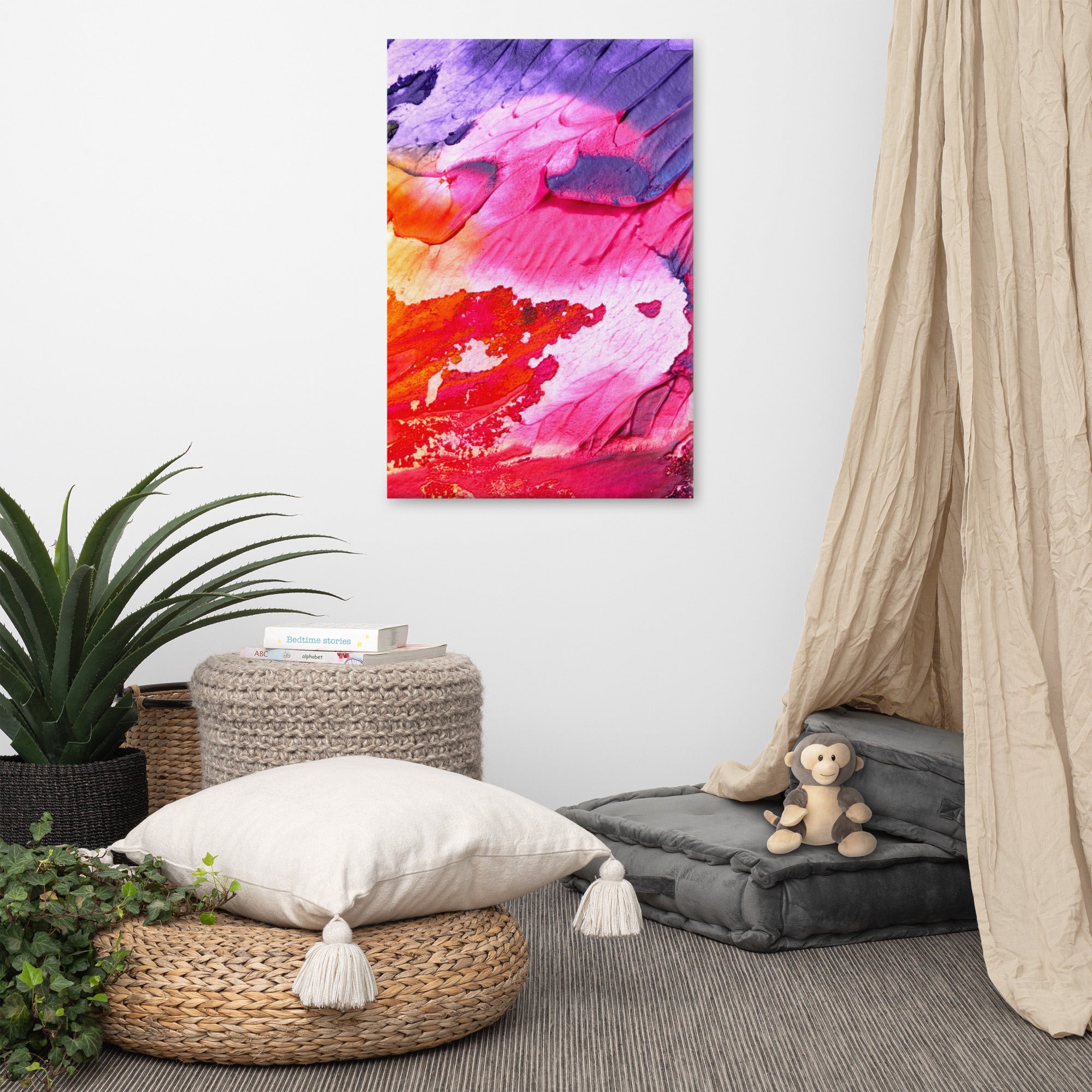 Vibrant Rainbow Waves Canvas print showcasing colorful waves on a poly-cotton base, hand-stretched over solid wood bars.