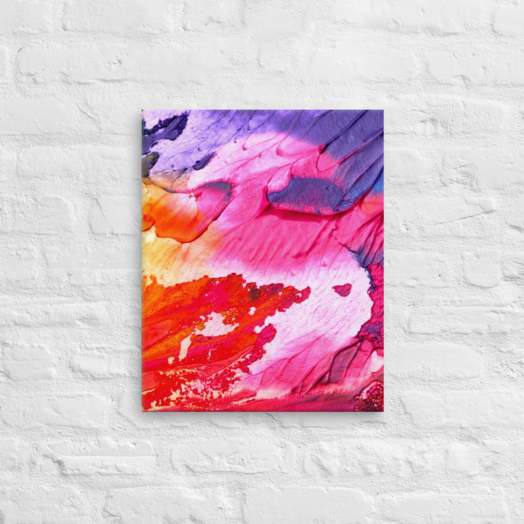 Vibrant Rainbow Waves Canvas print showcasing colorful wave patterns on a poly-cotton blend canvas, hand-stretched over solid wood bars.