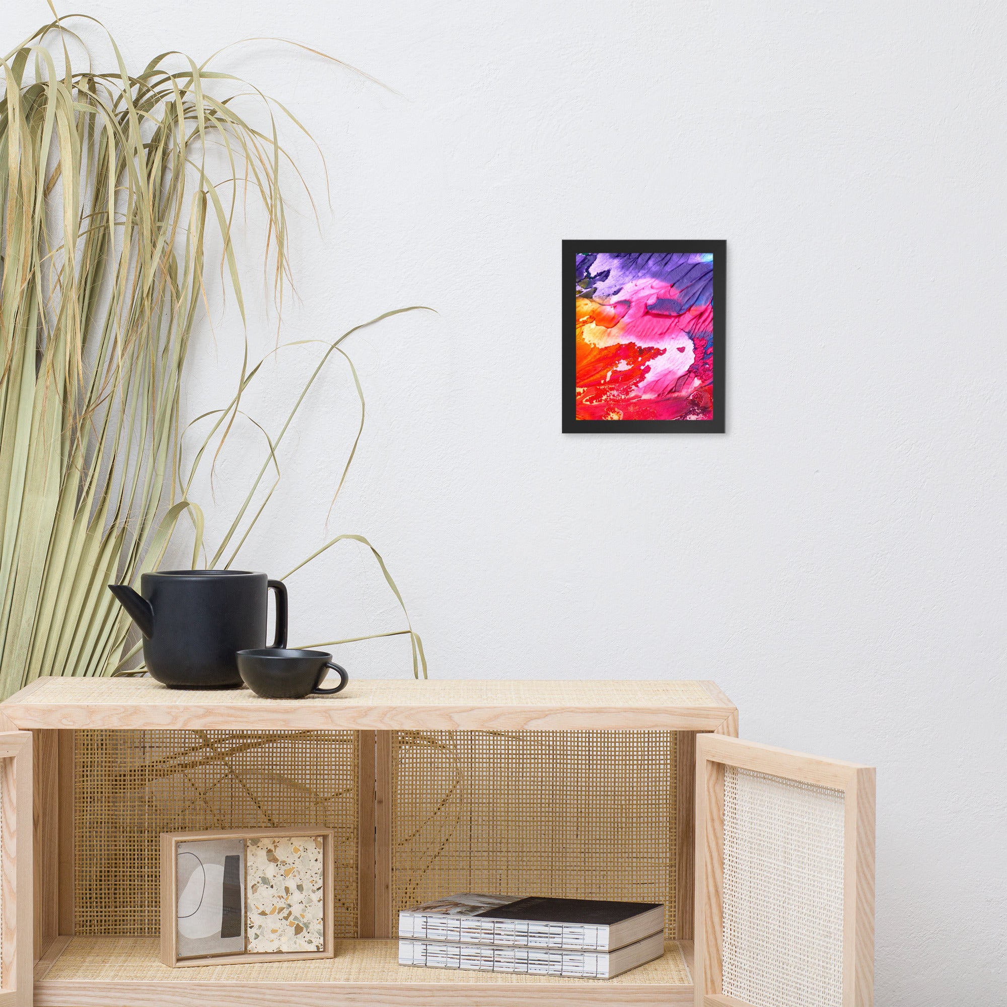 Rainbow Waves Framed poster featuring vibrant colors in a wave pattern, set in a sleek matte black Ayous wood frame.