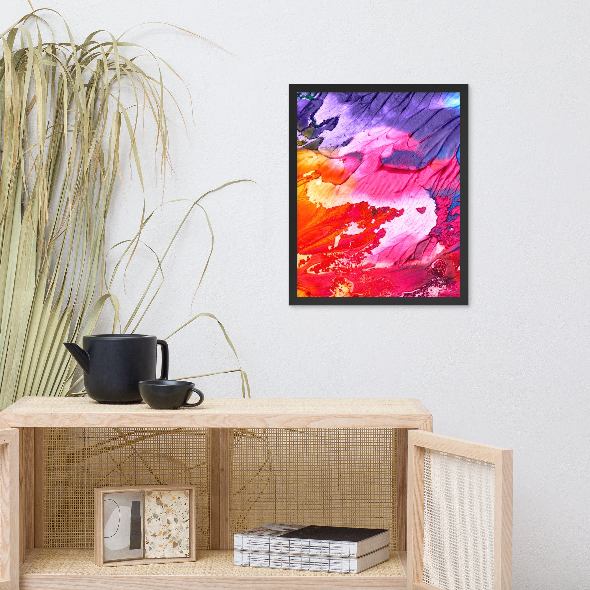 Rainbow Waves Framed poster featuring vibrant colors in a wave pattern, set in a sleek matte black Ayous wood frame.