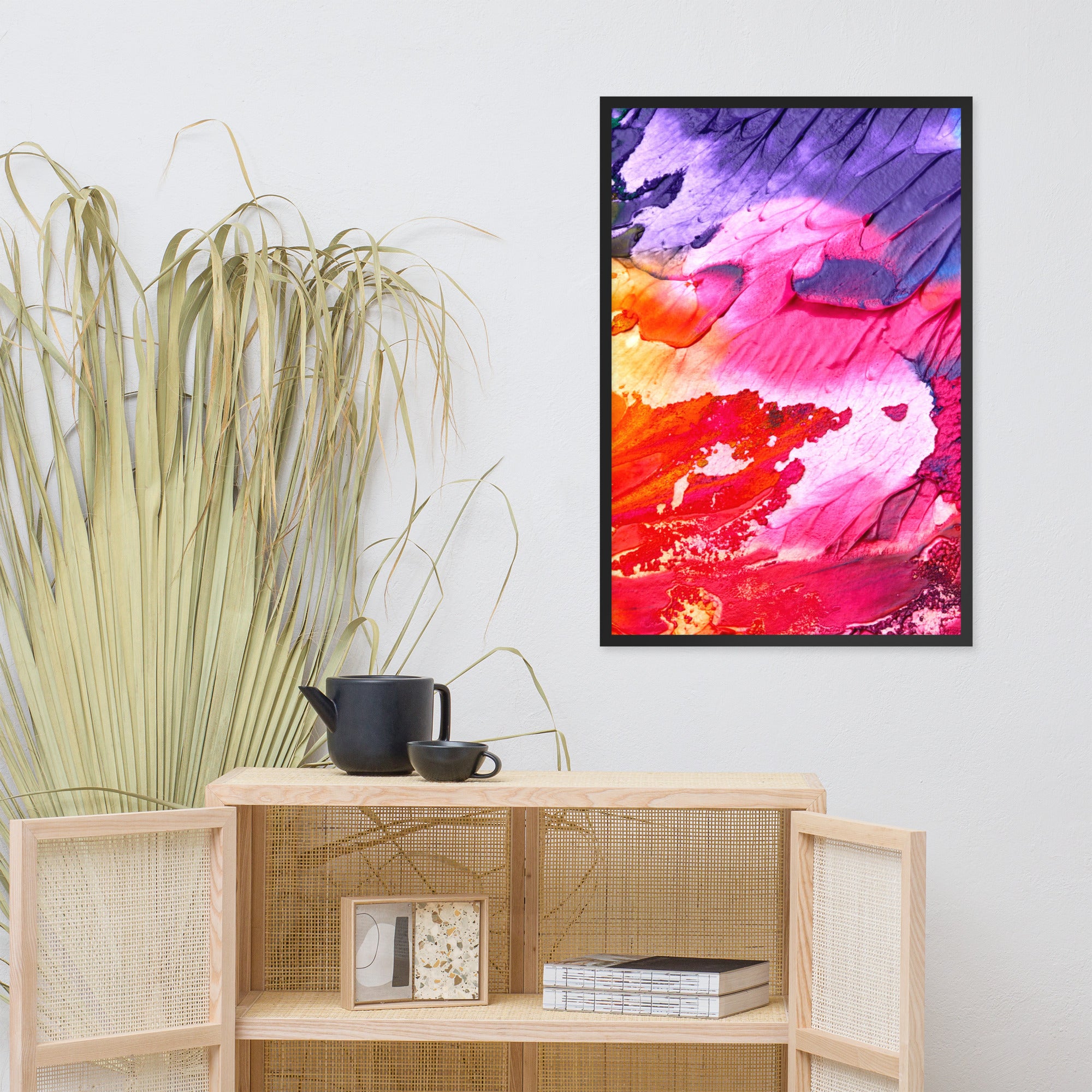 Rainbow Waves Framed poster featuring vibrant colors in a wave pattern, set in a sleek matte black Ayous wood frame.