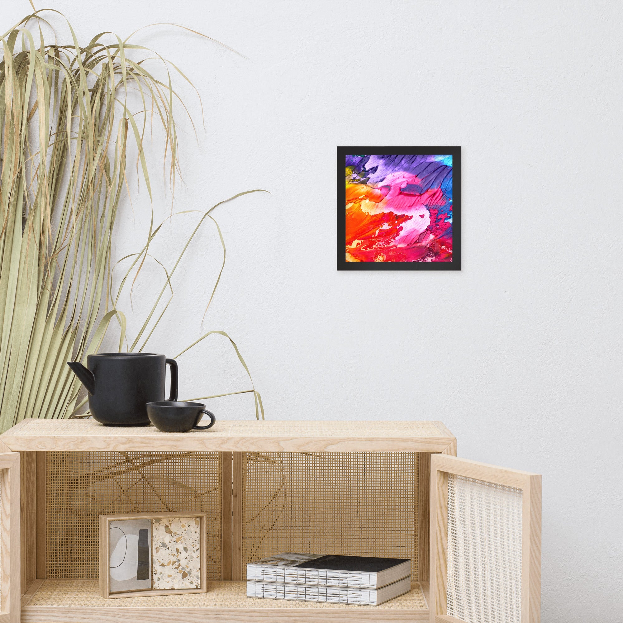 Rainbow Waves Framed poster featuring vibrant colors in a wave pattern, set in a sleek matte black Ayous wood frame.