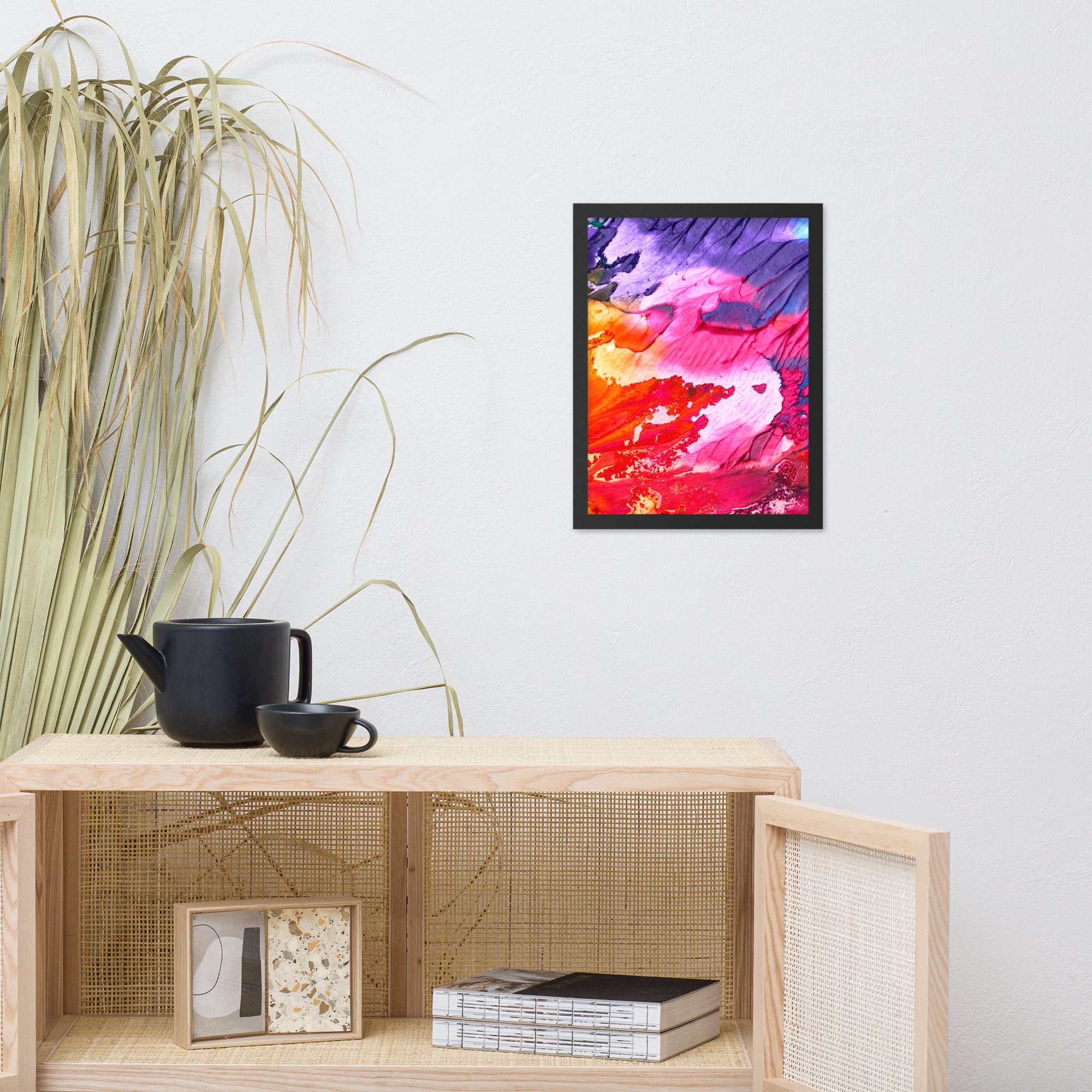 Rainbow Waves Framed poster featuring vibrant colors in a wave pattern, set in a sleek matte black Ayous wood frame.