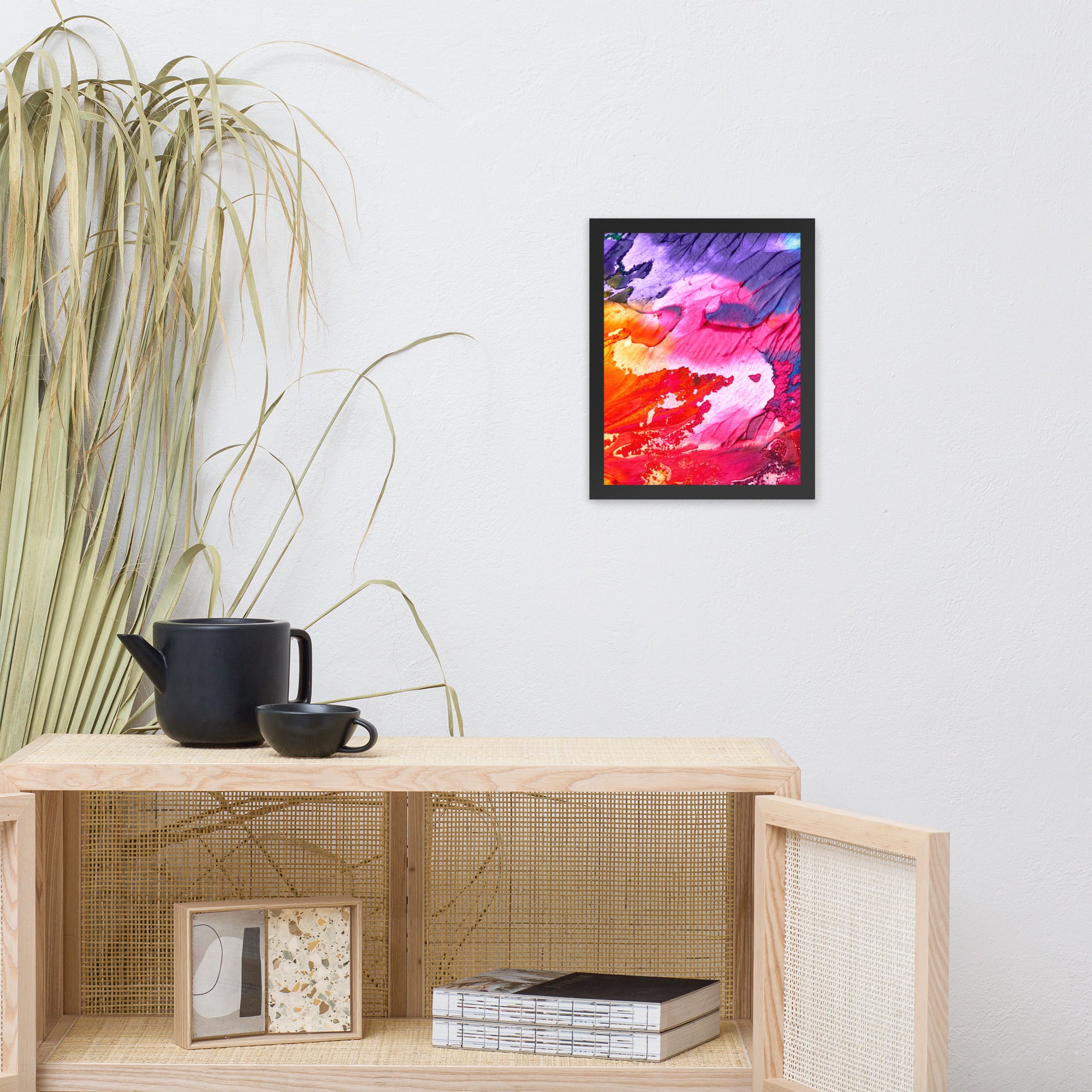 Rainbow Waves Framed poster featuring vibrant colors in a wave pattern, set in a sleek matte black Ayous wood frame.