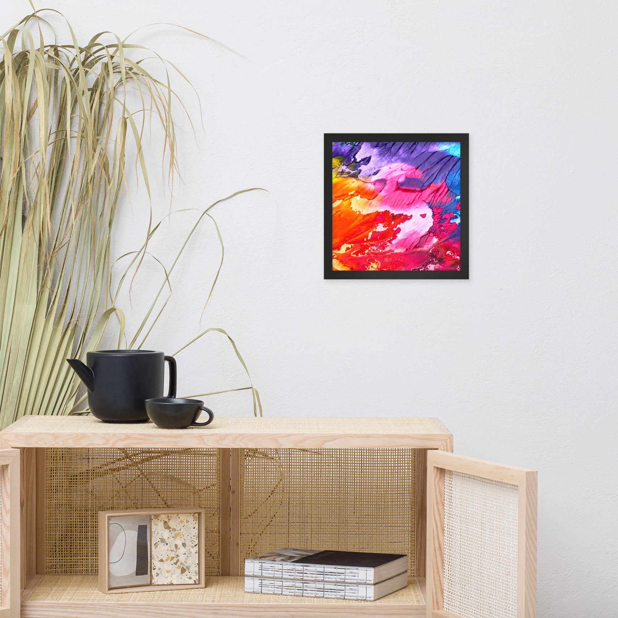 Rainbow Waves Framed poster featuring vibrant colors in a wave pattern, set in a sleek matte black Ayous wood frame.