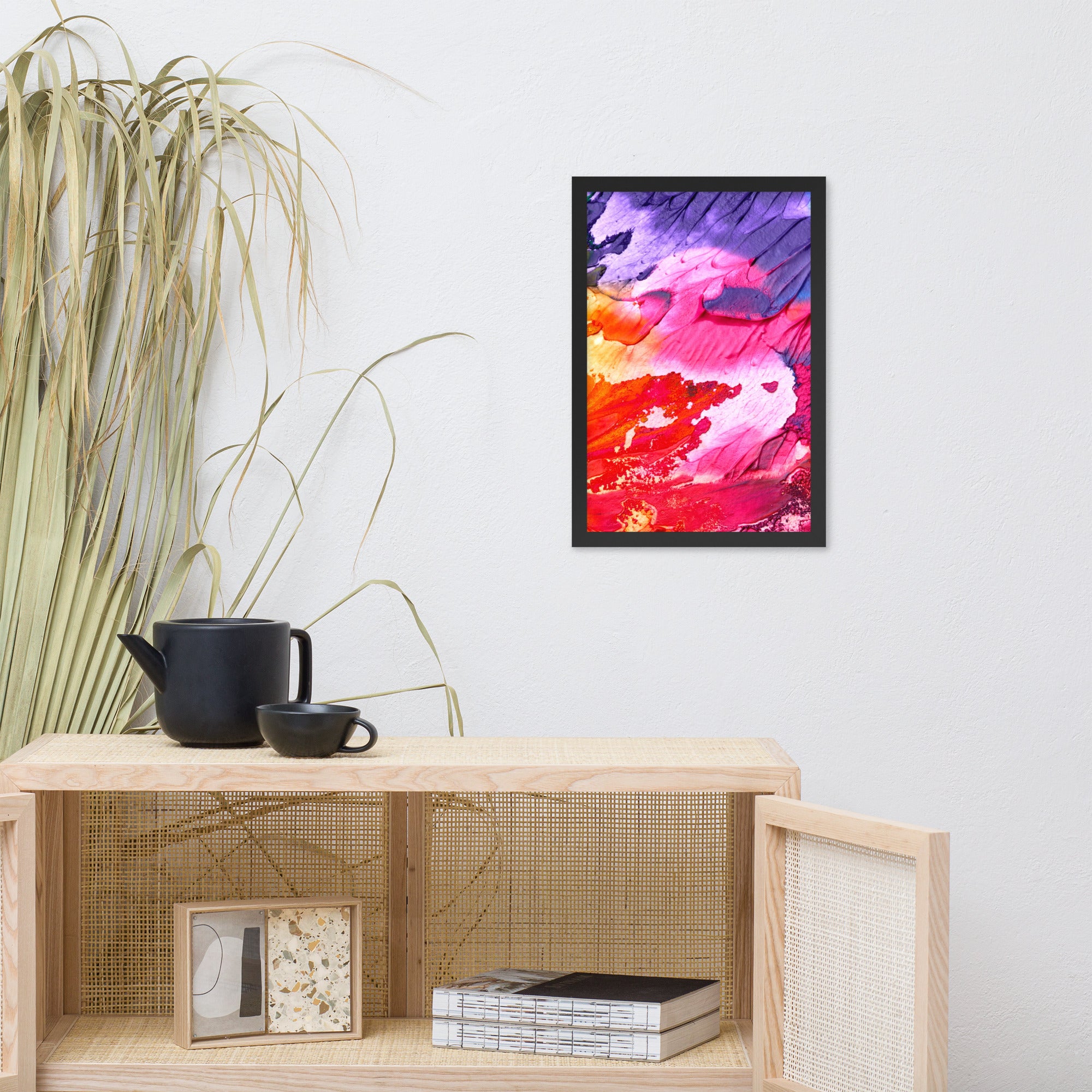 Rainbow Waves Framed poster featuring vibrant colors in a wave pattern, set in a sleek matte black Ayous wood frame.