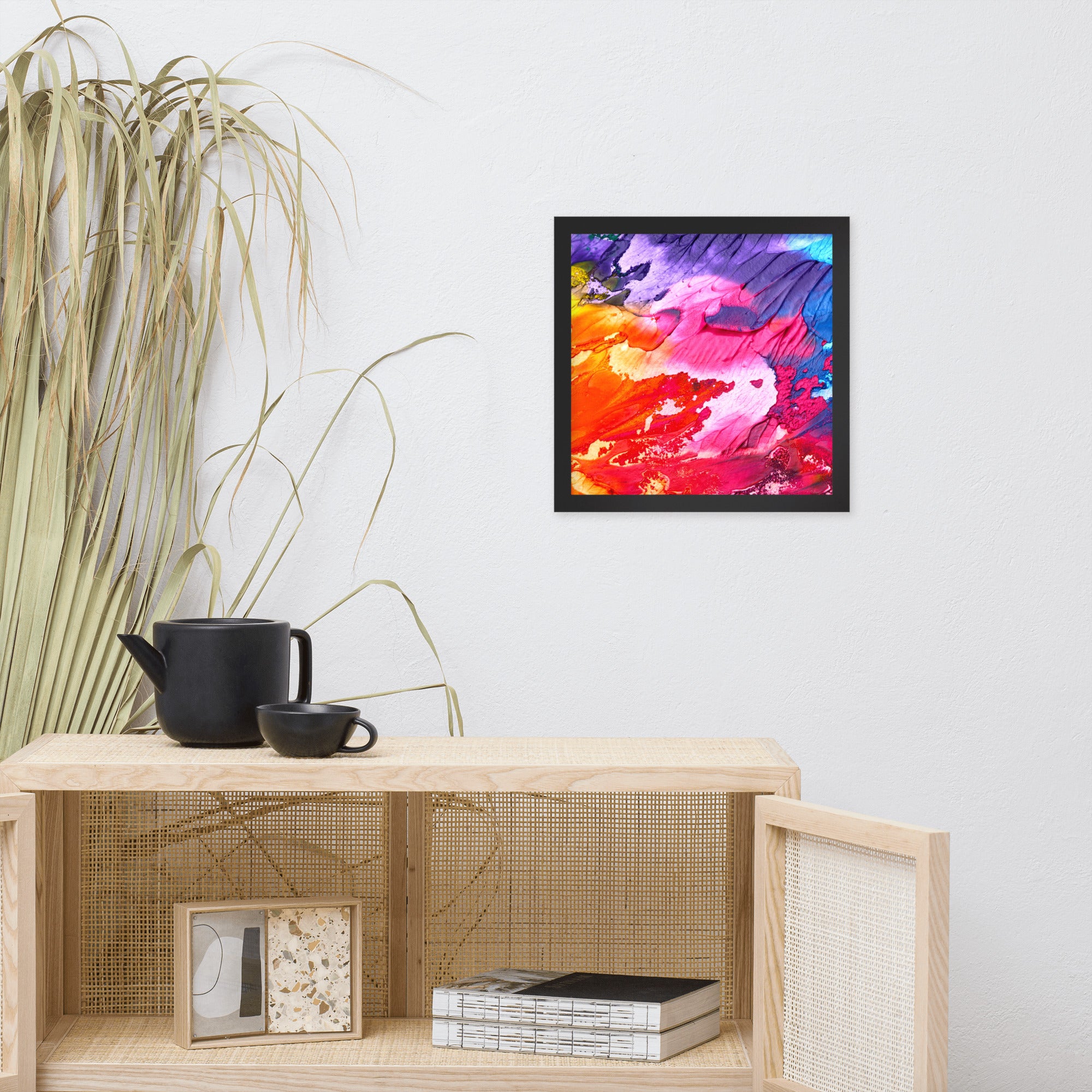 Rainbow Waves Framed poster featuring vibrant colors in a wave pattern, set in a sleek matte black Ayous wood frame.