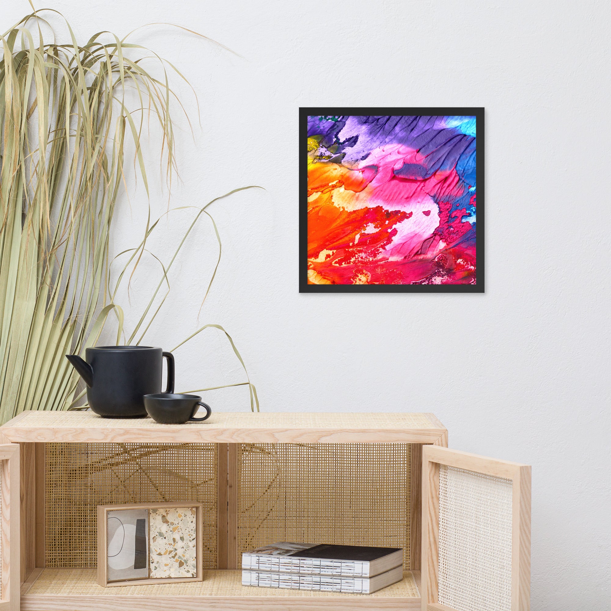 Rainbow Waves Framed poster featuring vibrant colors in a wave pattern, set in a sleek matte black Ayous wood frame.