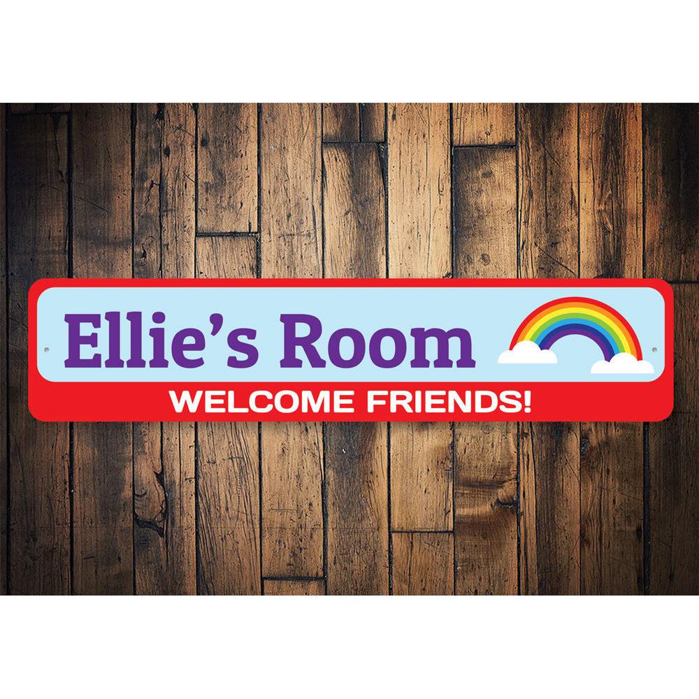 Colorful Rainbow Welcome Friends Sign made of durable aluminum, featuring vibrant colors and a welcoming design for children's rooms.