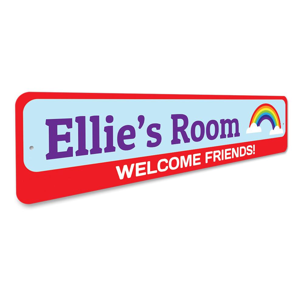 Colorful Rainbow Welcome Friends Sign made of durable aluminum, featuring vibrant colors and a welcoming design for children's rooms.