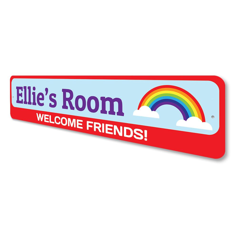 Colorful Rainbow Welcome Friends Sign made of durable aluminum, featuring vibrant colors and a welcoming design for children's rooms.