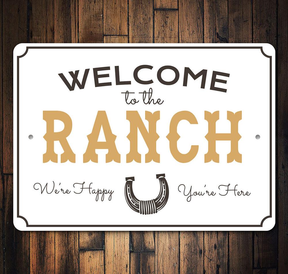 A rustic Ranch Welcome Sign made of high-quality aluminum, featuring customizable text, perfect for barns and farmhouses.