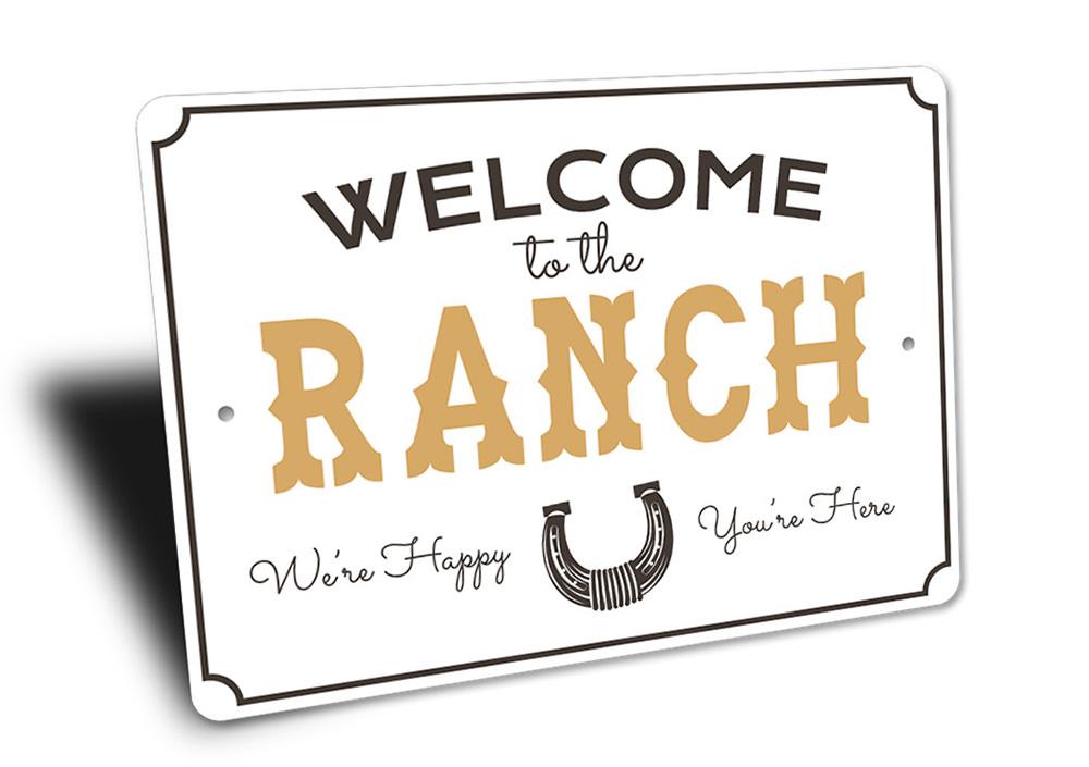 A rustic Ranch Welcome Sign made of high-quality aluminum, featuring customizable text, perfect for barns and farmhouses.