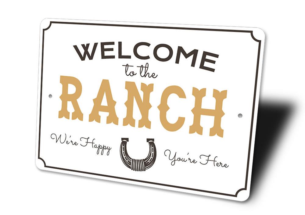 A rustic Ranch Welcome Sign made of high-quality aluminum, featuring customizable text, perfect for barns and farmhouses.