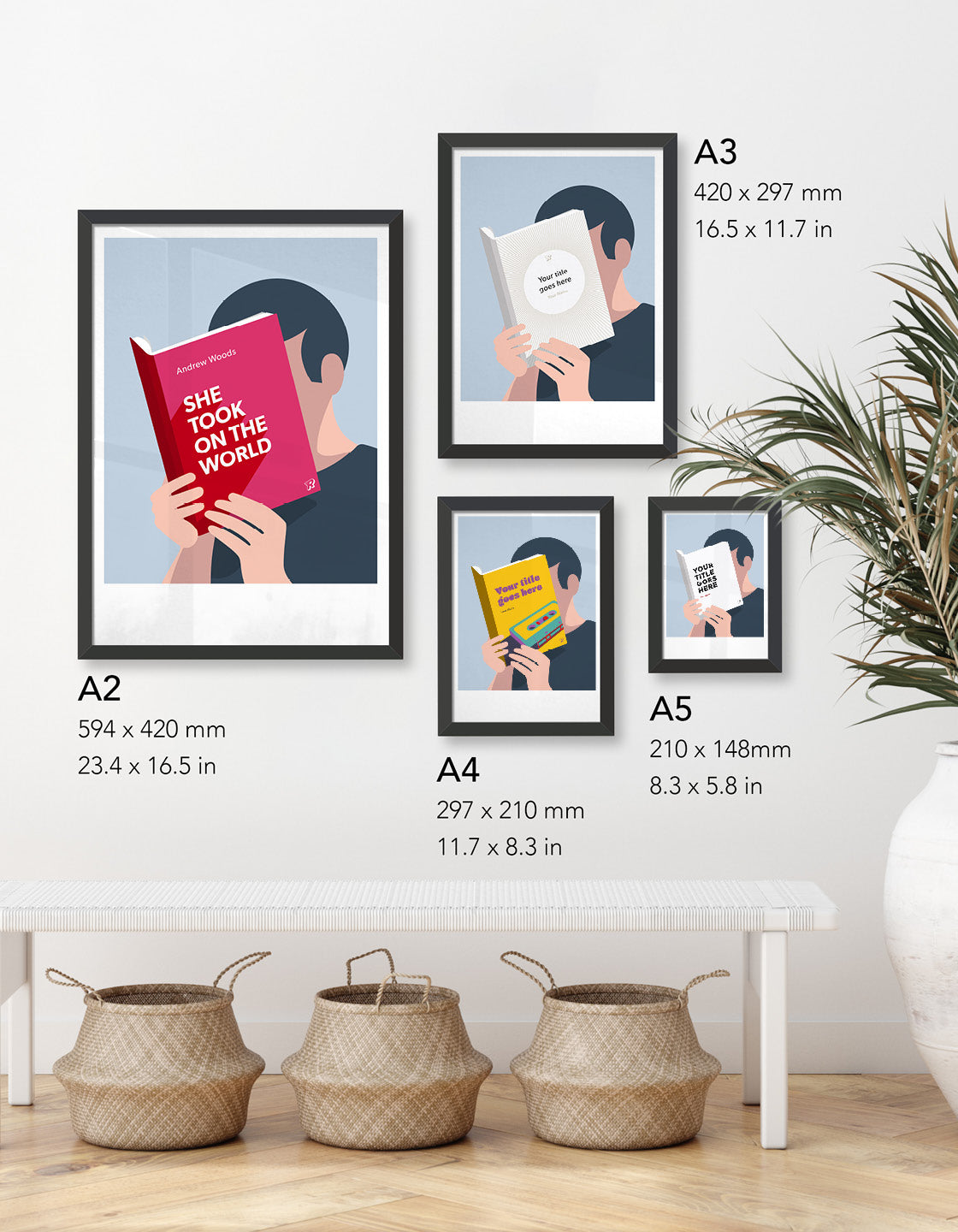 Personalised book art print featuring customizable title and author, displayed in a stylish frame.