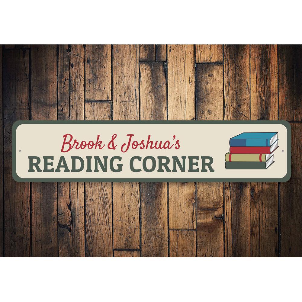 A decorative Reading Corner Sign made of high-quality aluminum, featuring customizable text for a child's reading nook.