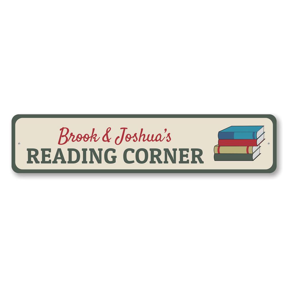 A decorative Reading Corner Sign made of high-quality aluminum, featuring customizable text for a child's reading nook.