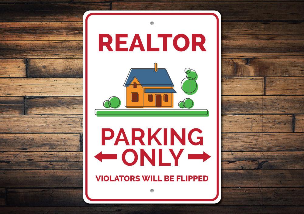 A customizable Realtor Parking Sign made of high-quality aluminum, featuring pre-drilled holes for easy mounting, showcasing various vehicle types.