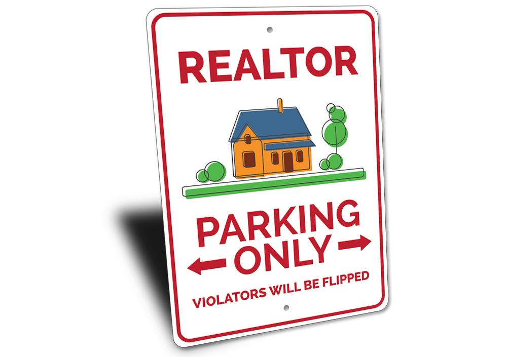 A customizable Realtor Parking Sign made of high-quality aluminum, featuring pre-drilled holes for easy mounting, showcasing various vehicle types.