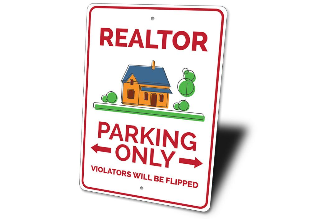 A customizable Realtor Parking Sign made of high-quality aluminum, featuring pre-drilled holes for easy mounting, showcasing various vehicle types.