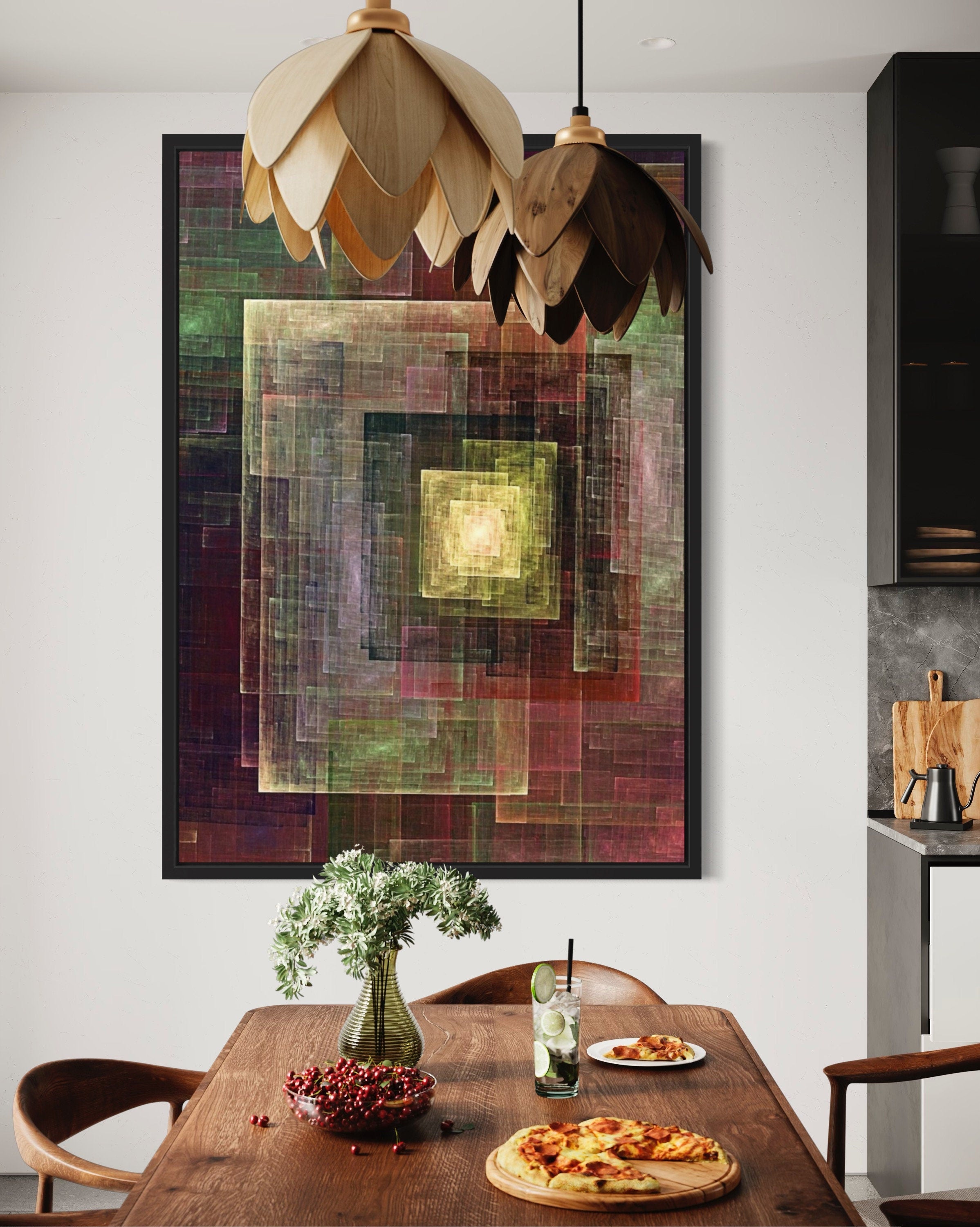 Rectangle Abstract Print featuring geometric shapes in warm earthy tones, showcasing a dynamic and visually striking design.