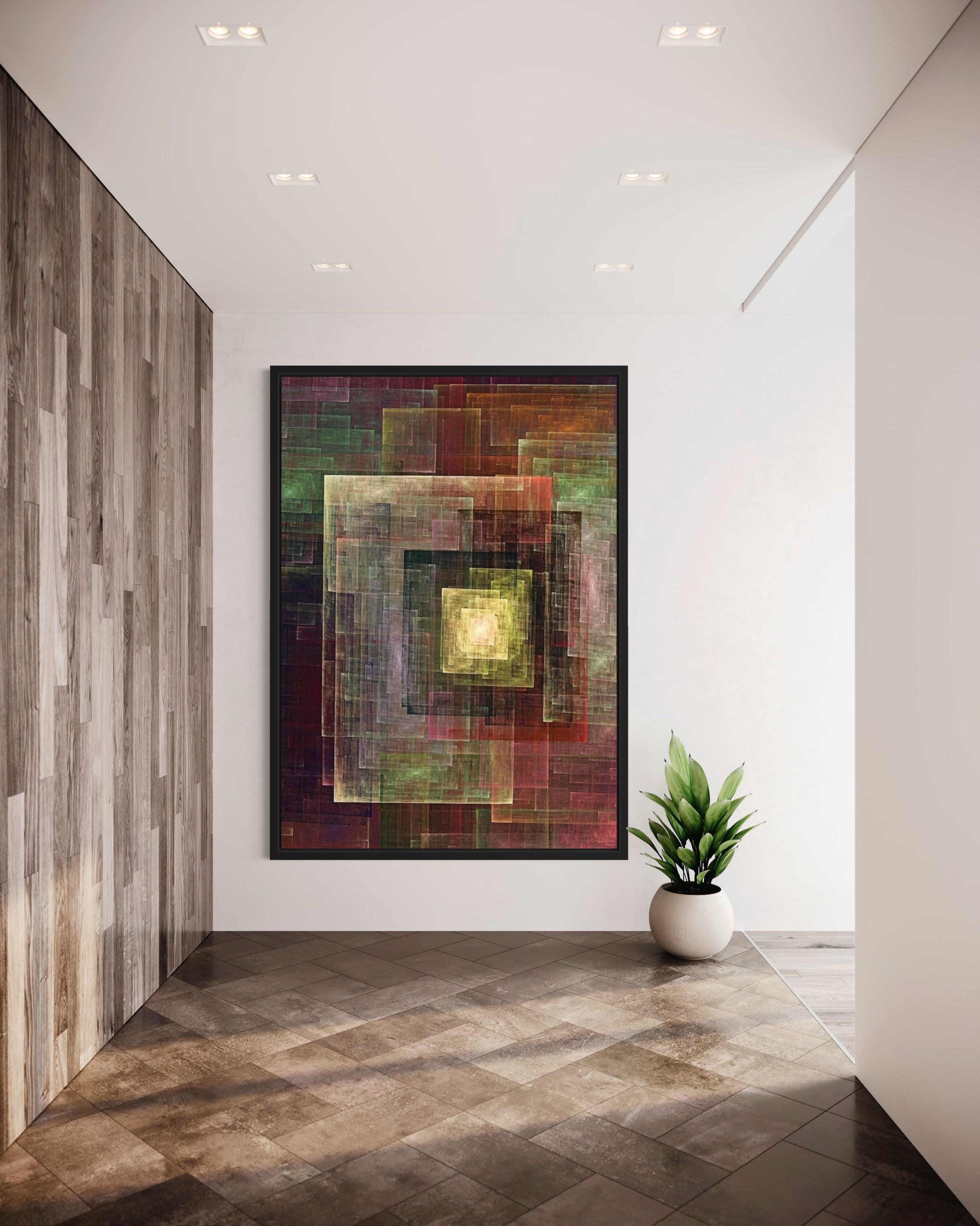 Rectangle Abstract Print featuring geometric shapes in warm earthy tones, showcasing a dynamic and visually striking design.