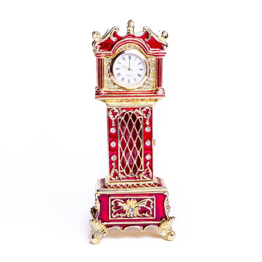 Red Big Ben Clock Trinket Box with Austrian crystals and gold plating, showcasing intricate enamel work.