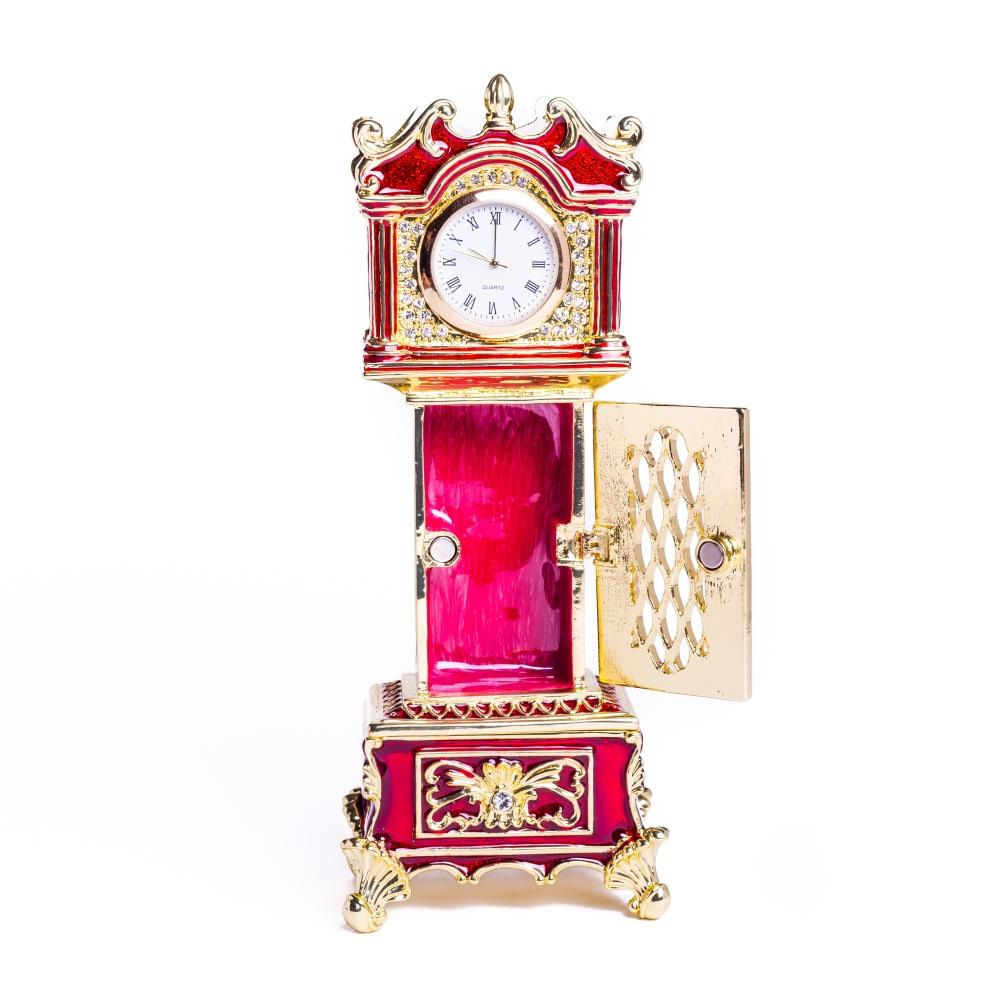 Red Big Ben Clock Trinket Box with Austrian crystals and gold plating, showcasing intricate enamel work.