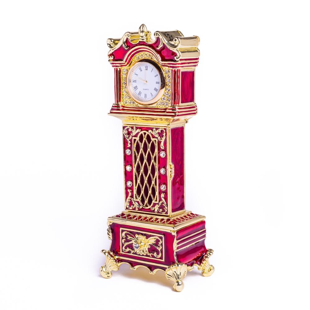 Red Big Ben Clock Trinket Box with Austrian crystals and gold plating, showcasing intricate enamel work.