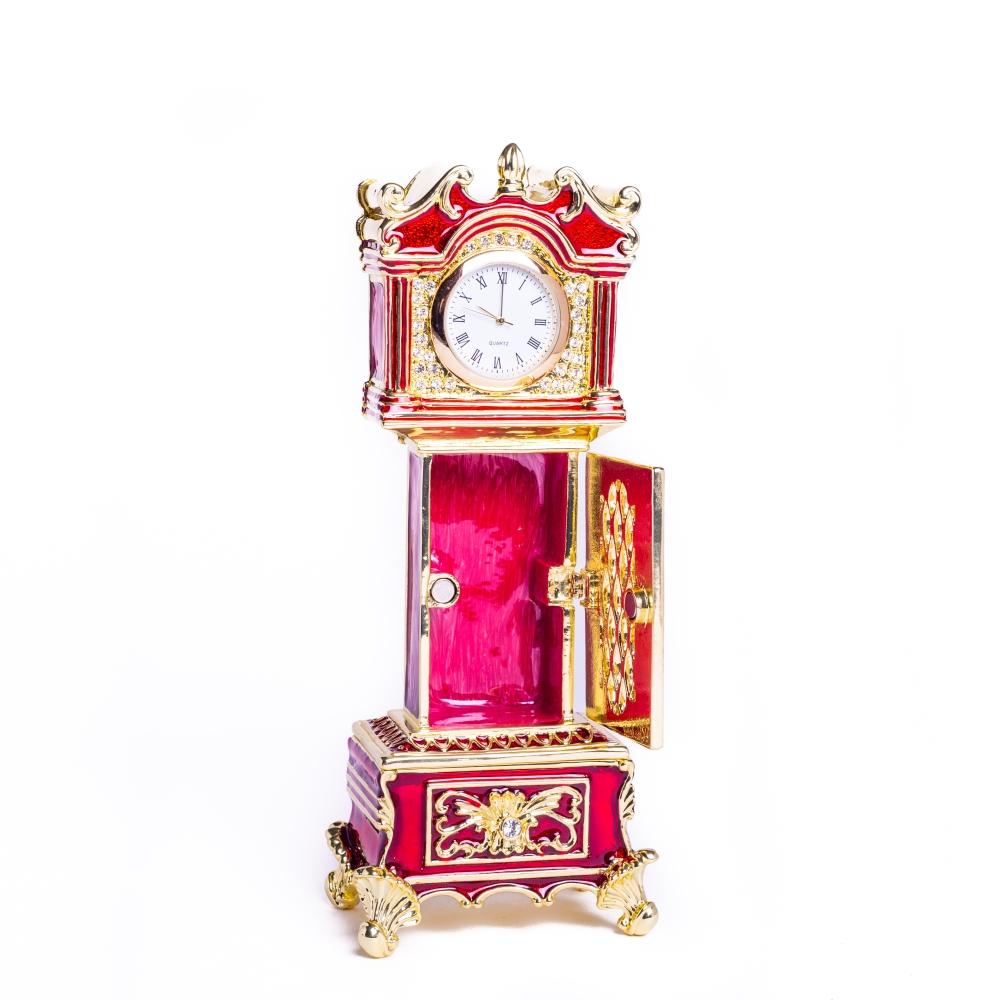 Red Big Ben Clock Trinket Box with Austrian crystals and gold plating, showcasing intricate enamel work.