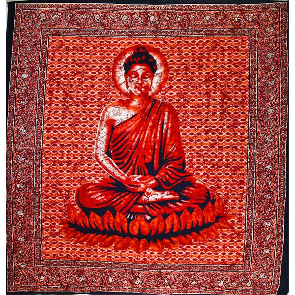 A vibrant red tapestry featuring Buddha in meditation on a lotus flower, showcasing intricate batik designs.