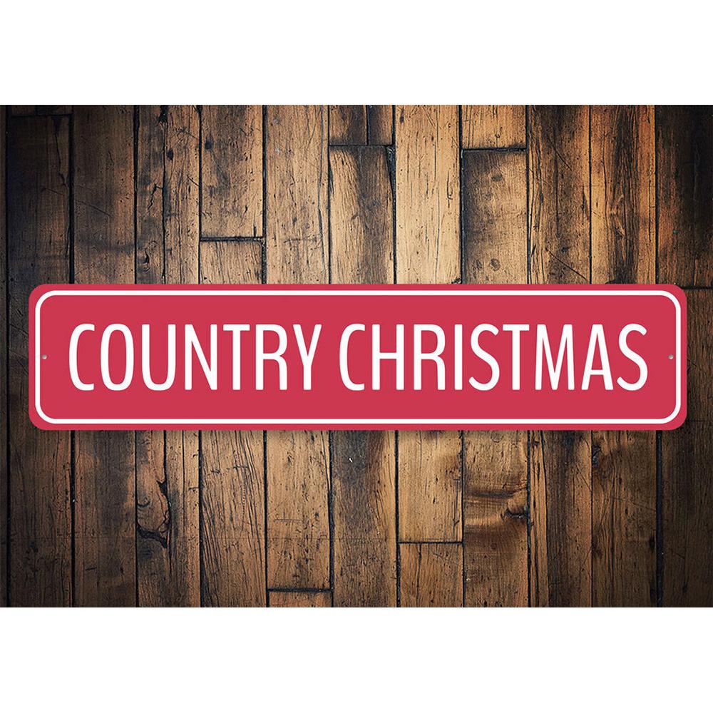 A decorative Red Country Christmas Sign featuring festive designs, perfect for holiday decor.