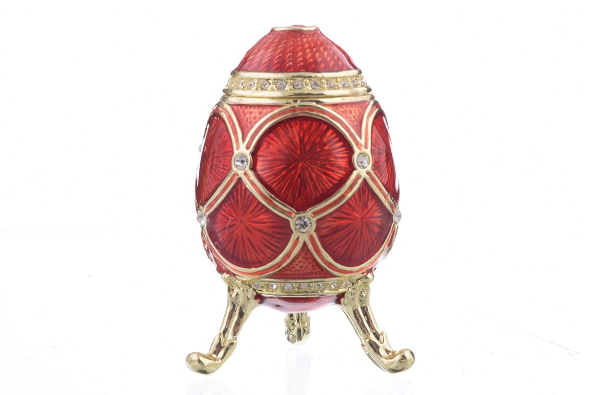 A stunning Red Faberge Egg trinket box, handcrafted with enamel paint and adorned with sparkling Austrian crystals, featuring 24K gold or 925 silver plating.