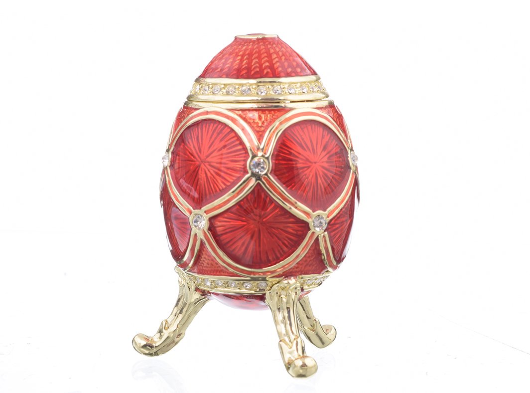 A stunning Red Faberge Egg trinket box, handcrafted with enamel paint and adorned with sparkling Austrian crystals, featuring 24K gold or 925 silver plating.