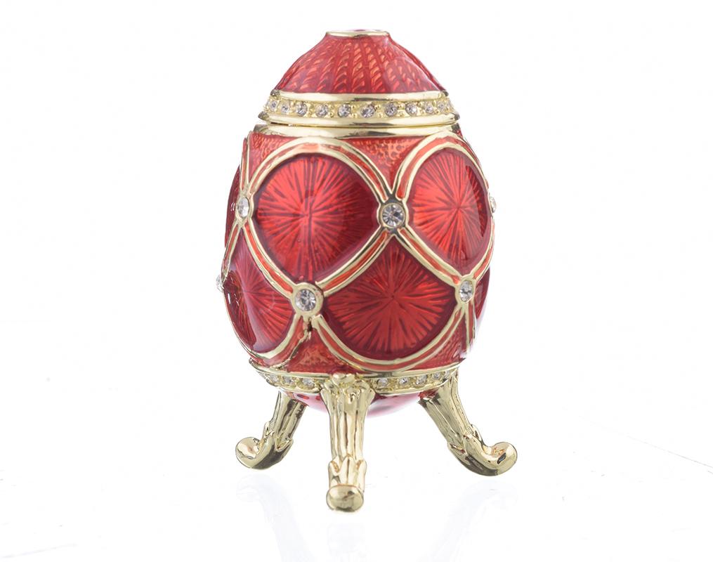 A stunning Red Faberge Egg trinket box, handcrafted with enamel paint and adorned with sparkling Austrian crystals, featuring 24K gold or 925 silver plating.