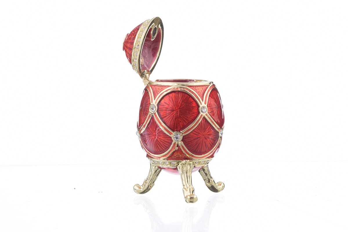 A stunning Red Faberge Egg trinket box, handcrafted with enamel paint and adorned with sparkling Austrian crystals, featuring 24K gold or 925 silver plating.