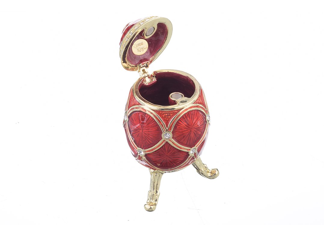 A stunning Red Faberge Egg trinket box, handcrafted with enamel paint and adorned with sparkling Austrian crystals, featuring 24K gold or 925 silver plating.