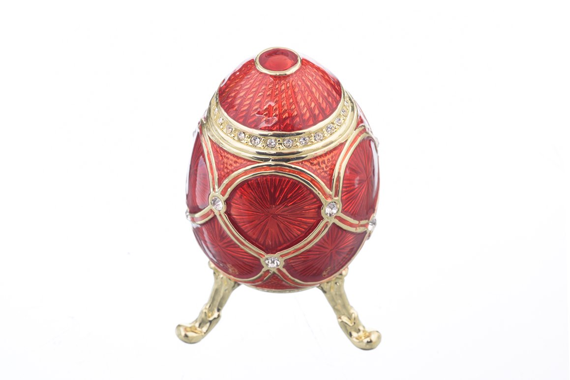 A stunning Red Faberge Egg trinket box, handcrafted with enamel paint and adorned with sparkling Austrian crystals, featuring 24K gold or 925 silver plating.