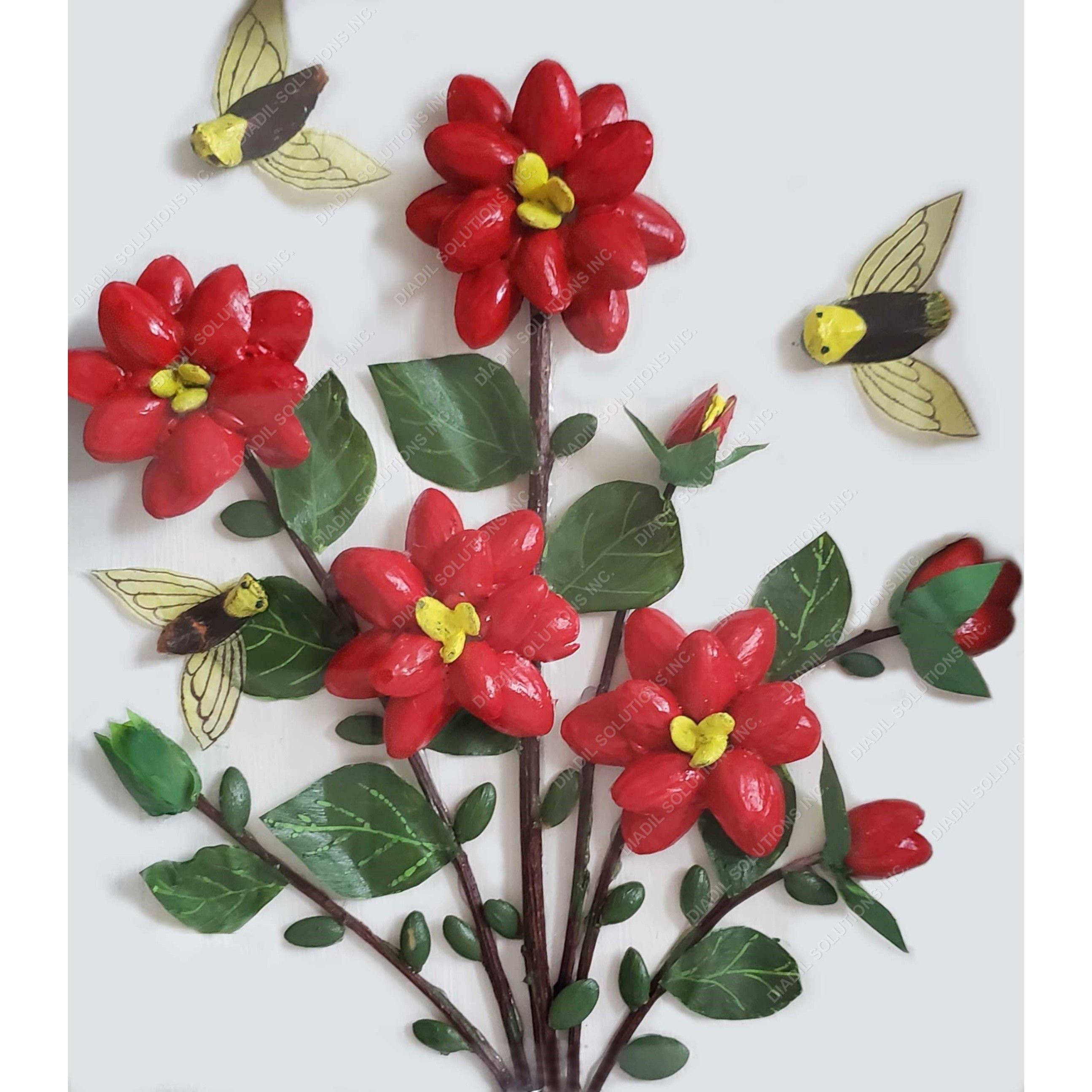 A vibrant red flower print featuring a 3D effect, showcasing intricate details and mixed media art style.