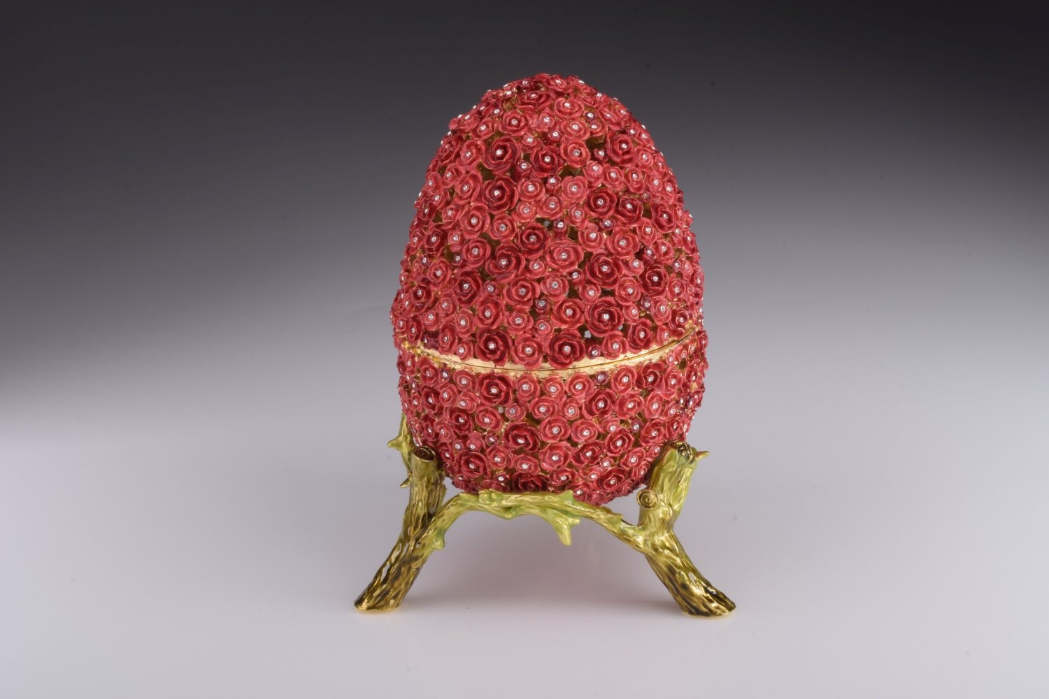 A beautifully crafted Red Flowers Faberge Egg trinket box, adorned with Austrian crystals and plated with 24K gold, showcasing intricate enamel work.