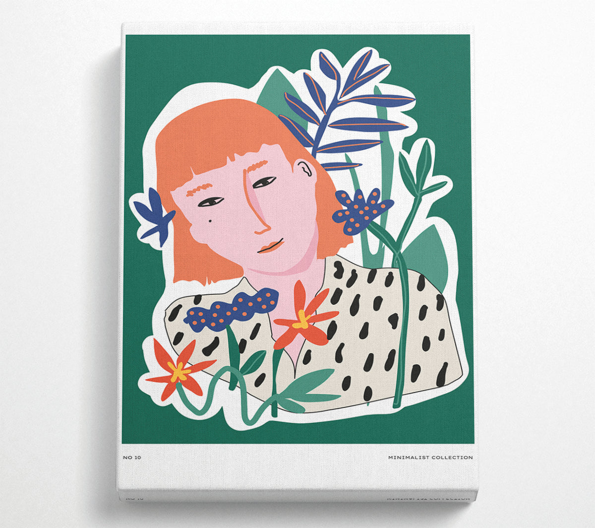 A vibrant floral artwork featuring a red-headed woman, printed on coated polyester canvas and mounted on a sturdy box frame.