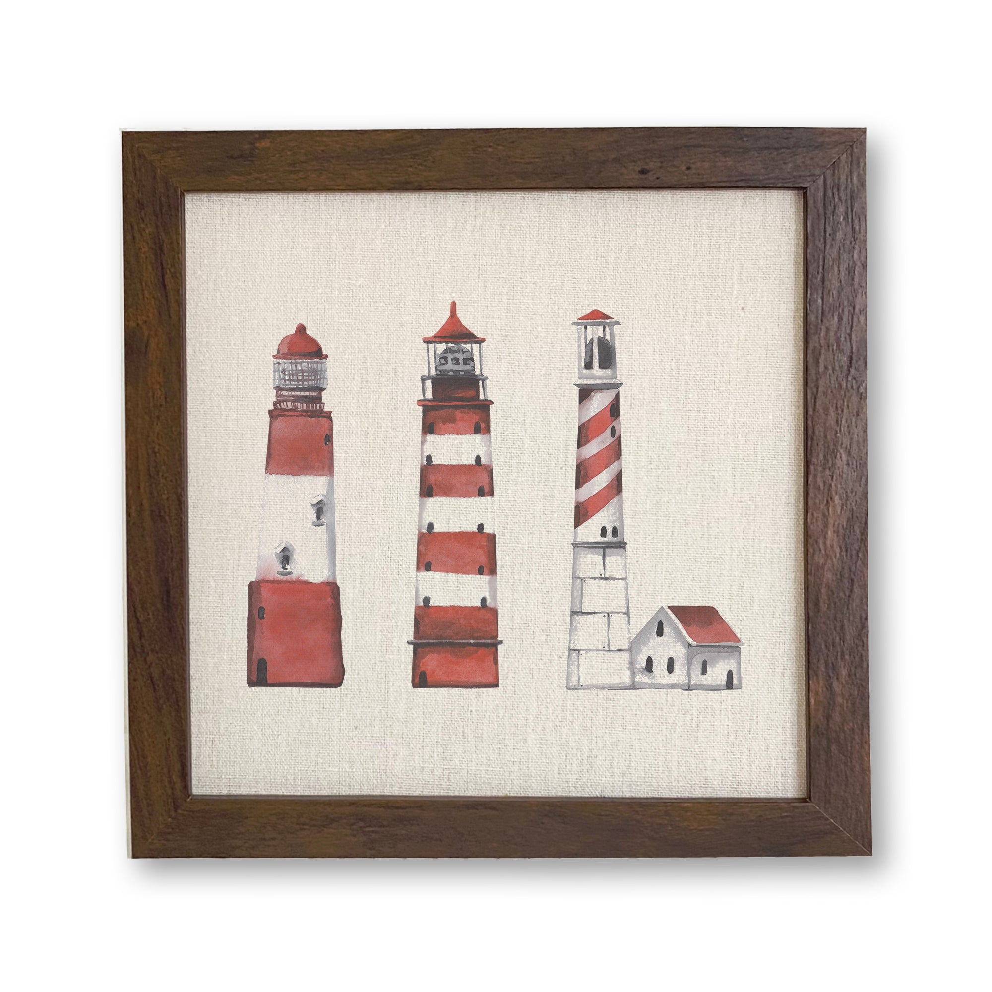 A beautifully framed sign featuring red lighthouses on a linen-look background, perfect for home decor.